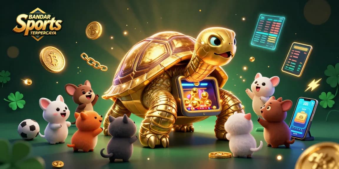 BANDAR Sports TERPERCAYA showcases a vibrant scene with cartoon tortoise as a pinball machine and sports elements, creating excitement for bettors.