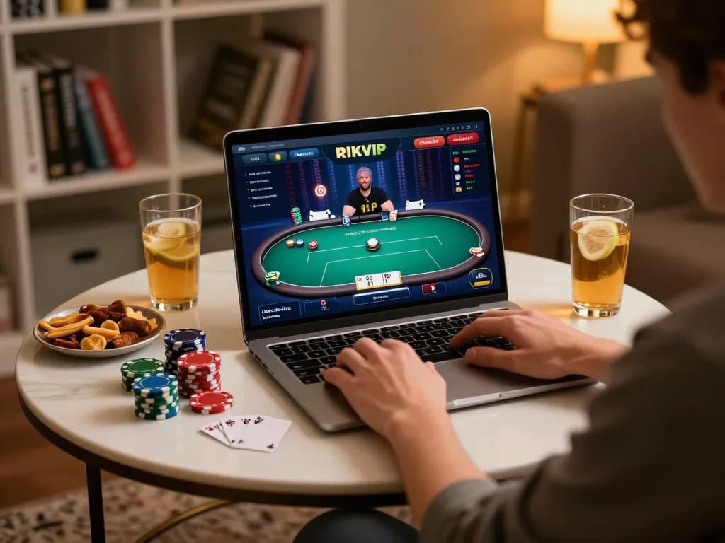 Player enjoying RIKVIP poker game on laptop, cozy home setting highlighting gambling strategy.