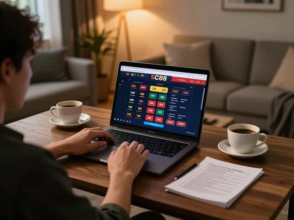 Player engaging with SC88 online casino on laptop, highlighting strategic betting.