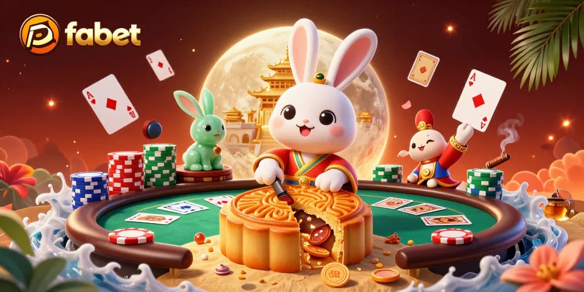 Fabet brings excitement with the moon rabbit and poker chips in a vibrant casino scene.
