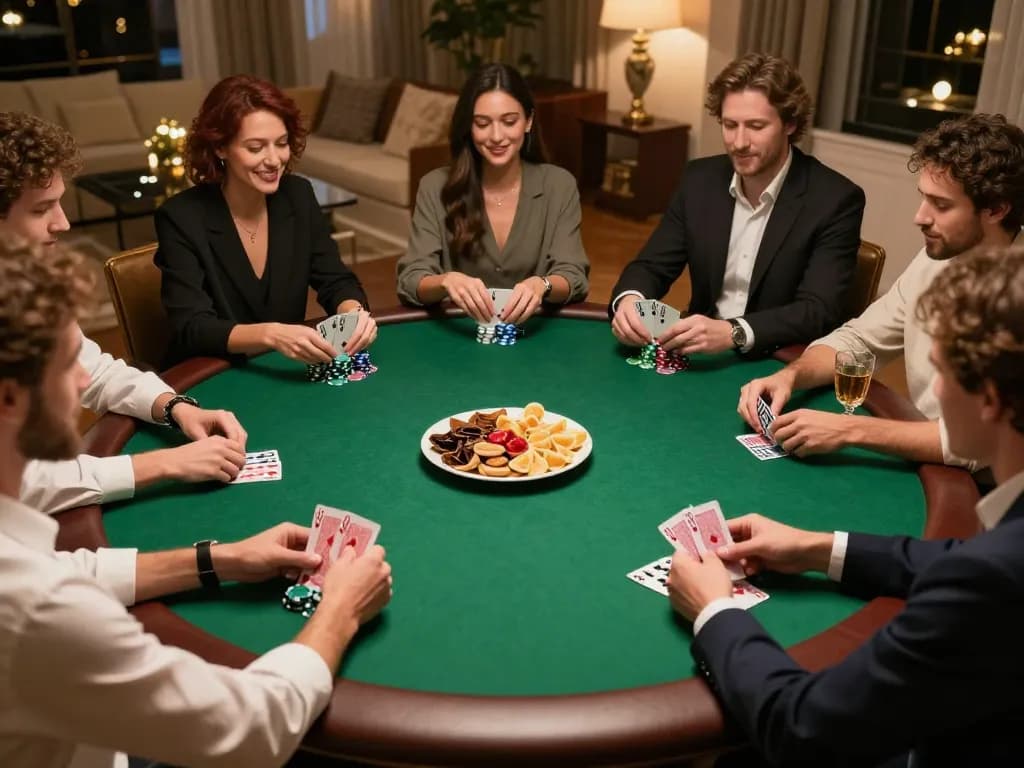 Intense poker gameplay with qq8827 strategy cards visible in a private home setting, capturing camaraderie and excitement.