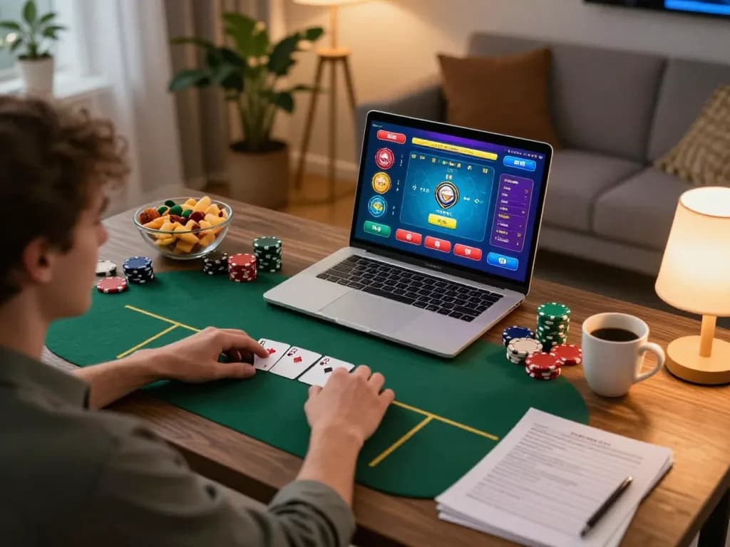 Engaged player enjoying rik vip online poker gaming at cozy home setup.