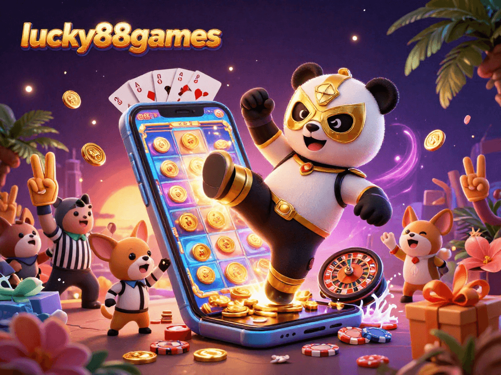 Exciting scene of lucky88games with a panda wrestler, a referee chihuahua, and game elements amid cheering animal spectators.