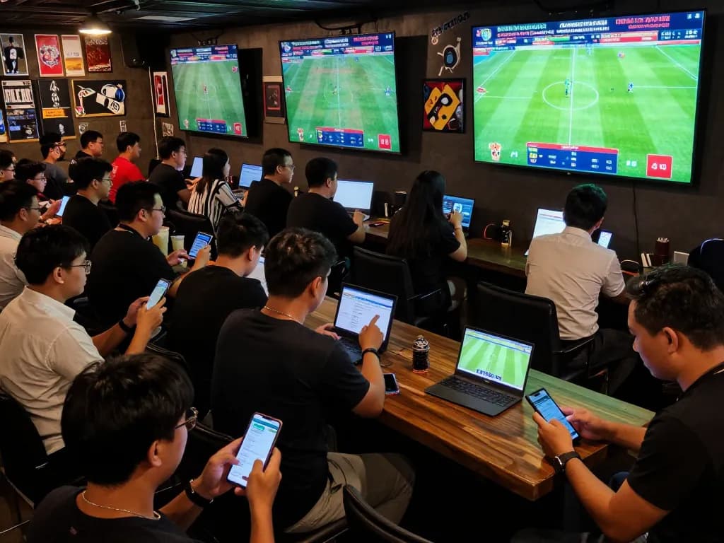 Engaged sports bettors placing bets on keo bong da truc tuyen from their devices in a lively bar atmosphere.