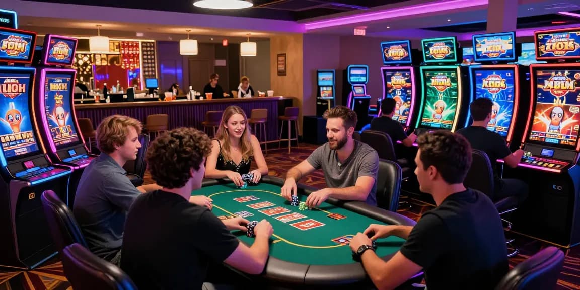 Exciting credit card casino scene with players enjoying games and celebrating wins in vibrant atmosphere.