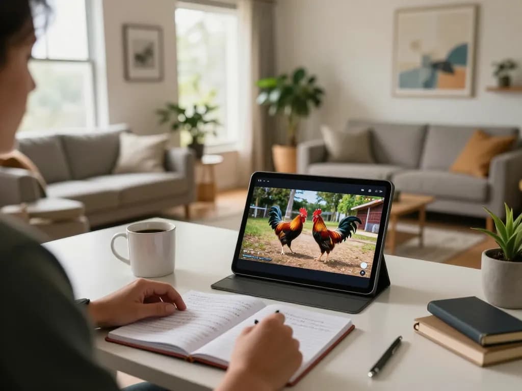 Thưởng thức Phát sóng trực tiếp đá gà trên máy tính bảng trong một phòng khách ấm cúng, ghi lại niềm vui khi chơi game thư giãn.
