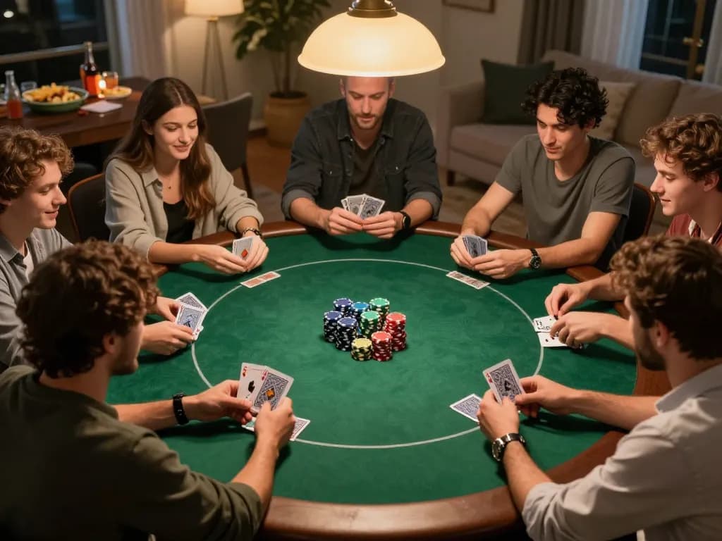 Participants enjoy a thrilling poker game night at home, showcasing the social aspect of nhà cái bl555 gaming.