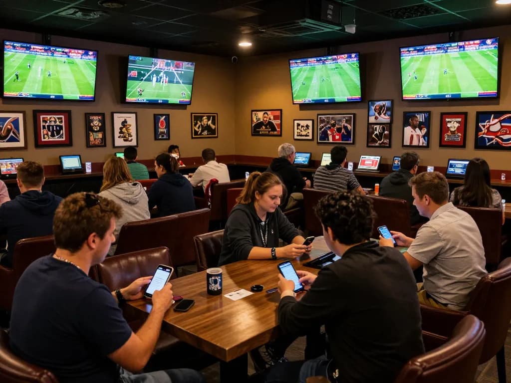 Engaged sports bettors using mobile apps at https://soikeo.com.mx/ with dynamic match screens in the background.