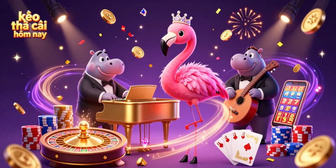 Experience kèo nhà cái hôm nay with a vibrant 3D casino scene featuring a flamingo singer and hippo bassist.