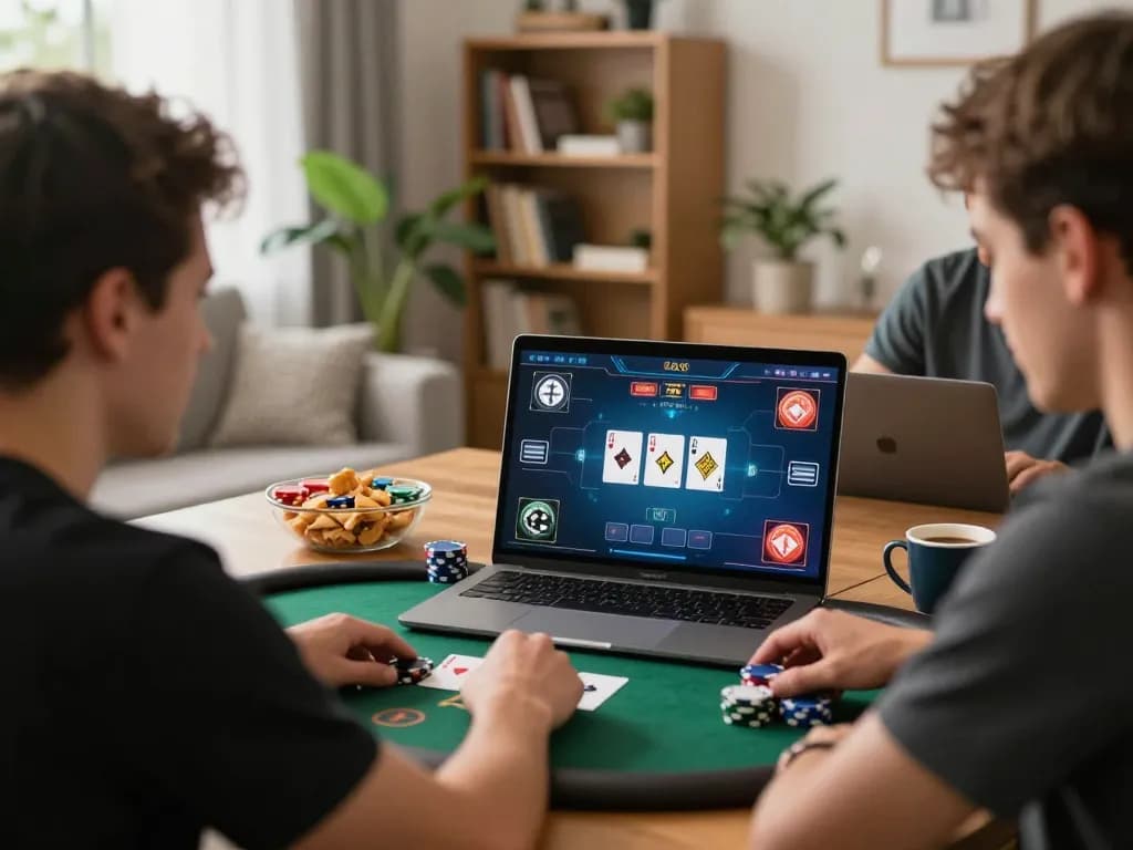 Player enjoying exciting online poker at home using iwin gaming platform with cards and chips visible.