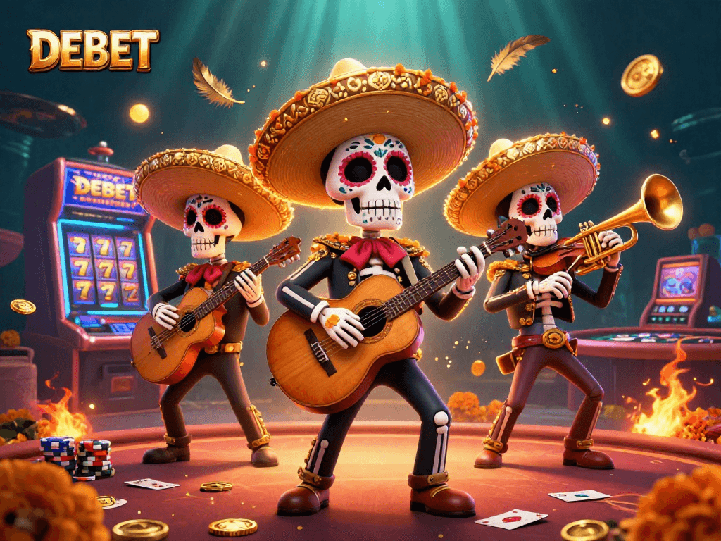 Engage with DEBET and vibrant slot machine excitement surrounded by colorful mariachi characters.