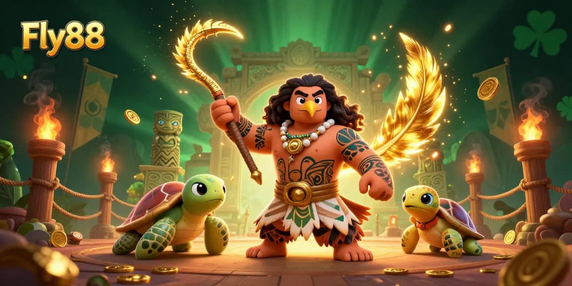 Experience exciting gaming adventures with Fly88 as a magical hawk and turtle explore vibrant casino treasures.