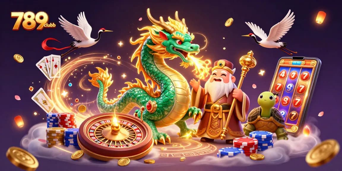 Engage with the vibrant casino atmosphere of 789clubb, featuring mythical characters amidst golden treasures and gambling elements.