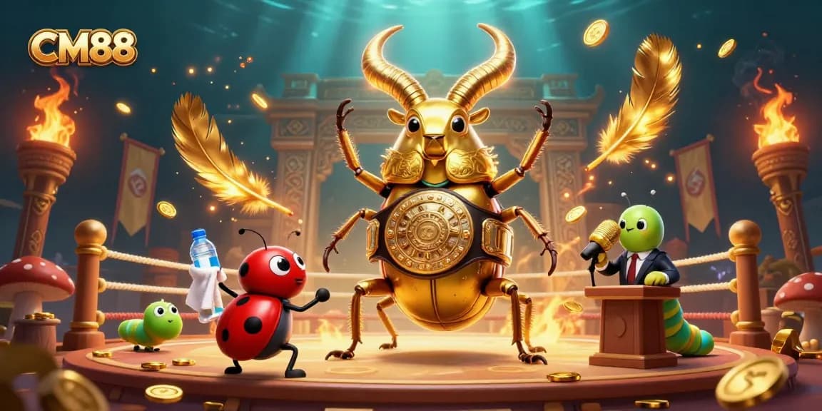 Engage with CM88's vibrant gaming atmosphere, showcasing a cartoon stag beetle champion in an intense battle.