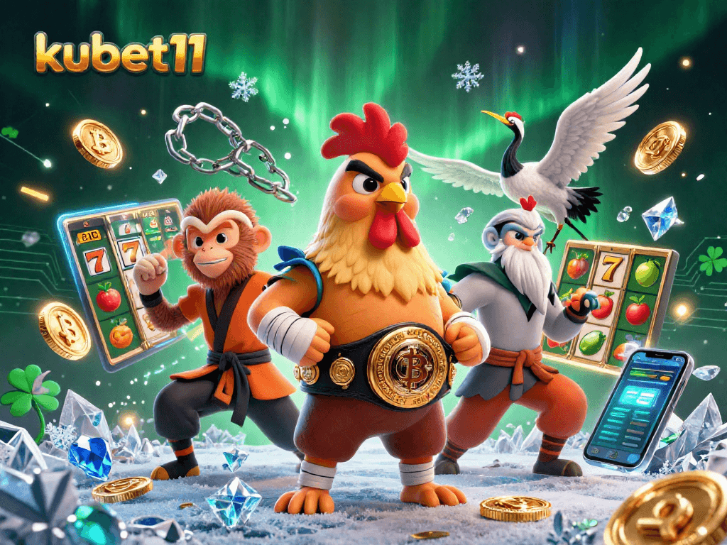 Experience the thrill of kubet11 with a vibrant 3D illustration of a Muay Thai rooster, martial artists, and crypto elements.
