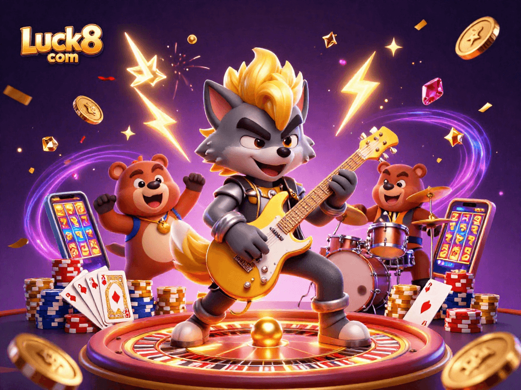 Experience exhilarating wins at Luck8 com with a vibrant 3D casino illustration, featuring dynamic characters and lively gaming elements.