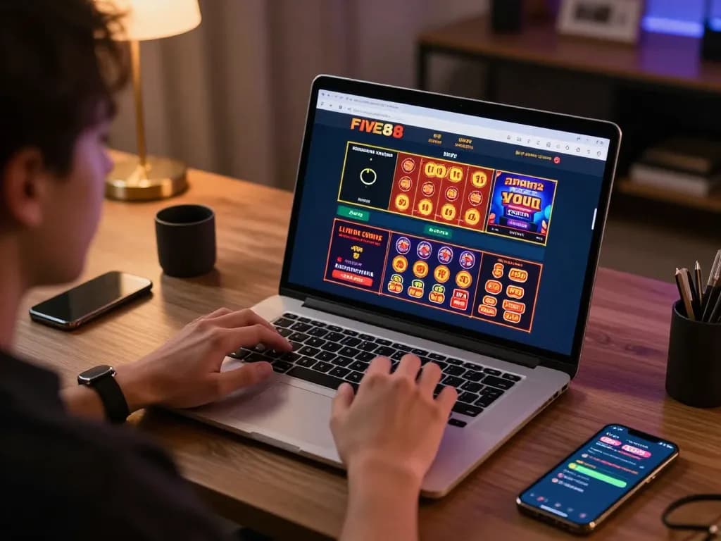 Engaging in a five88 top online gaming session at home with a laptop displaying casino games.