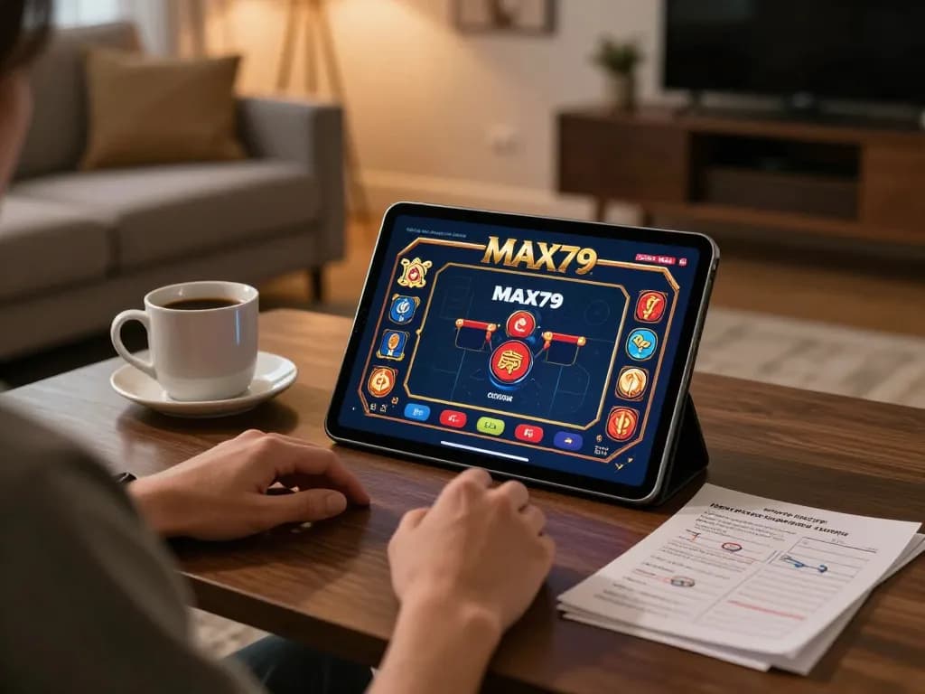 MAX79 player's home gaming setup with tablet displaying casino interface and betting notes.