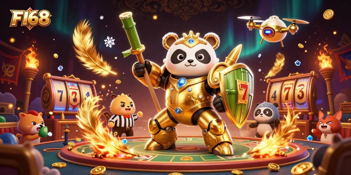 Bet on F168 with a dynamic 3D illustration featuring golden panda pilot and vibrant casino elements.