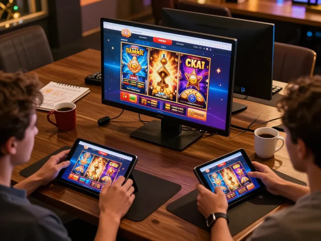 Engaging online gaming experience showcasing go88vv benefits with players enjoying slots on tablets.
