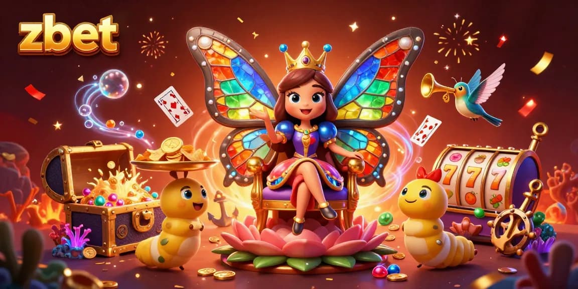 zbet offers immersive gaming experiences with a butterfly queen amidst vibrant casino elements.