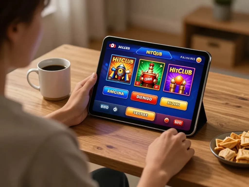 Hitclub online casino app displayed on tablet during gaming session at home, inviting atmosphere.