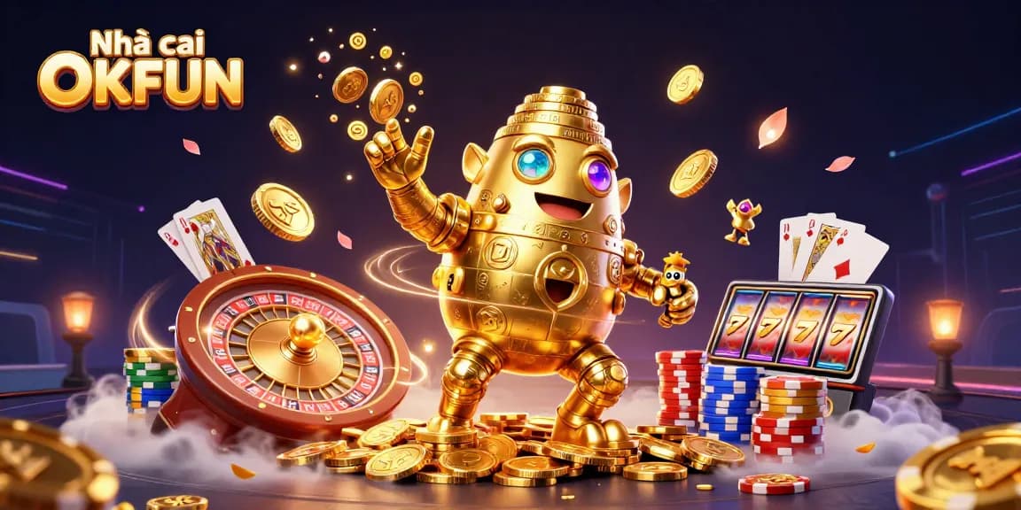 Engage in thrilling gameplay at Nhà cái OKFUN featuring dynamic casino elements like gold golems and spinning roulette.