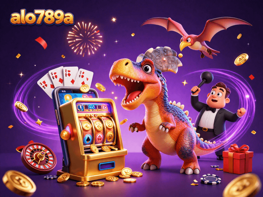 Spin the reels with alo789a as a dinosaur plays slots in a vibrant casino scene, catching golden coins!