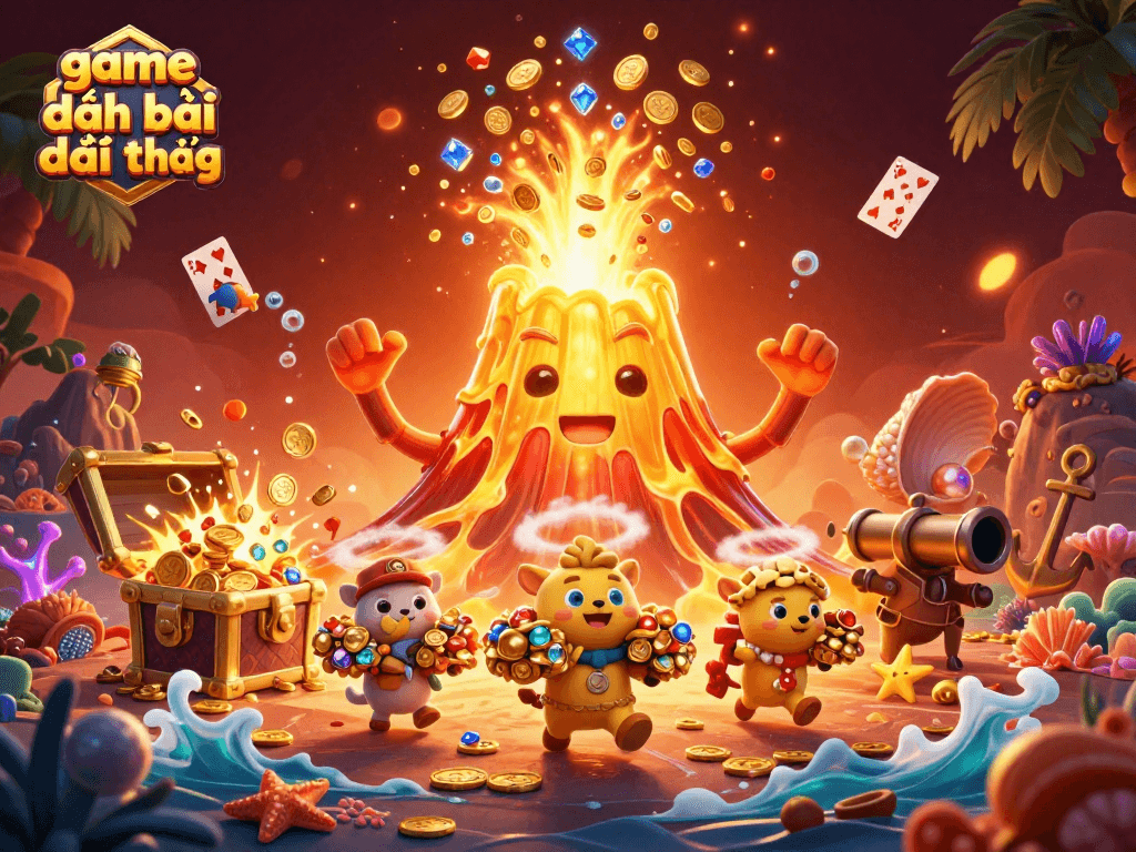 Experience game đánh bài đổi thưởng with a triumphant volcano and explorers among gold and gems
