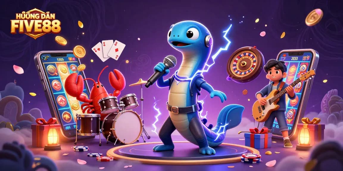 HƯỚNG DẪN FIVE88 with thrilling underwater casino scene featuring an electric eel DJ.