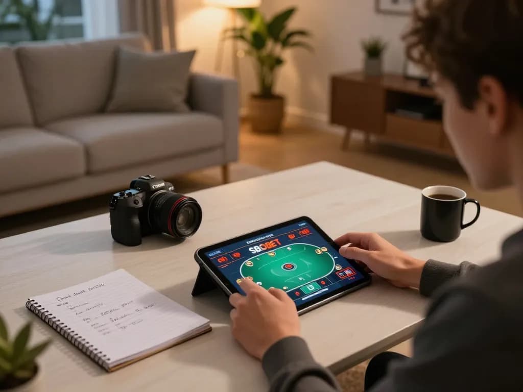 SBOBET online betting experience with tablet in cozy home setup, showcasing responsible gaming atmosphere.