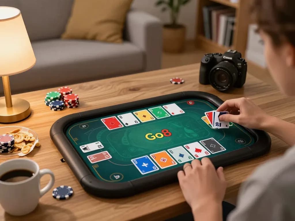 Engaging gameplay at home with Go8 poker on a sleek tablet, creating a relaxed atmosphere.
