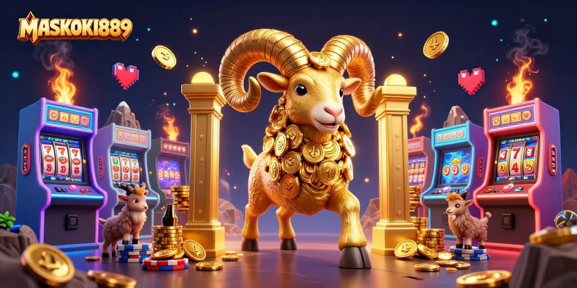Engage in thrilling gameplay with MASKOKI889, where golden ram and slot symbols create an enticing casino adventure