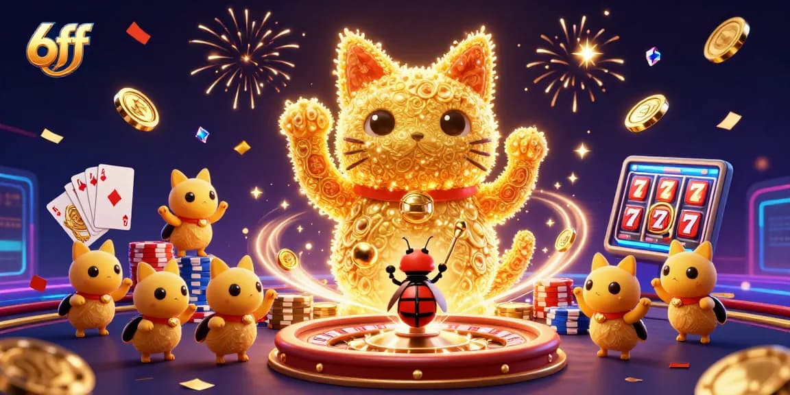 Engage in thrilling casino experiences with 6ff's vibrant illustration of a lucky cat and golden coins.