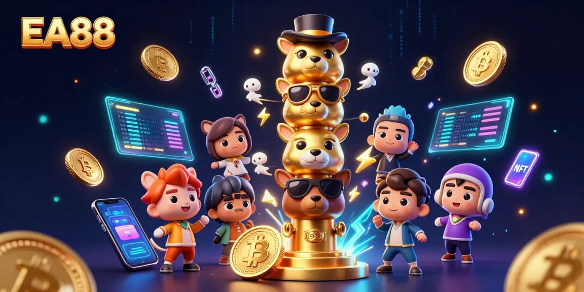 Experience EA88's vibrant casino scene with dynamic characters and cryptocurrency elements.