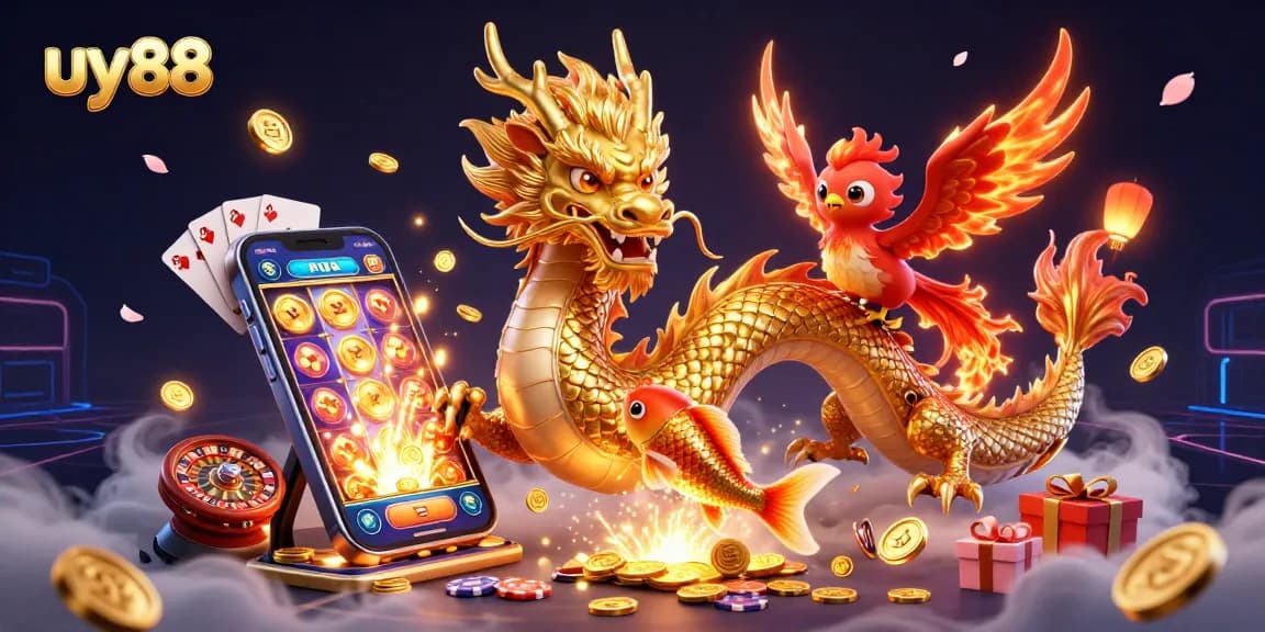 Experience the thrill of uy88 with action-packed casino adventure featuring a dragon, phoenix, and koi fish amidst vibrant games.