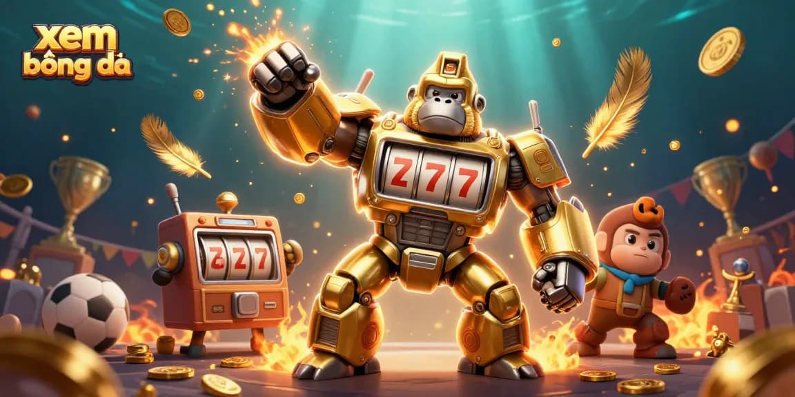 xem bóng đá with a gorilla mech celebrating winning coins, surrounded by vibrant casino elements
