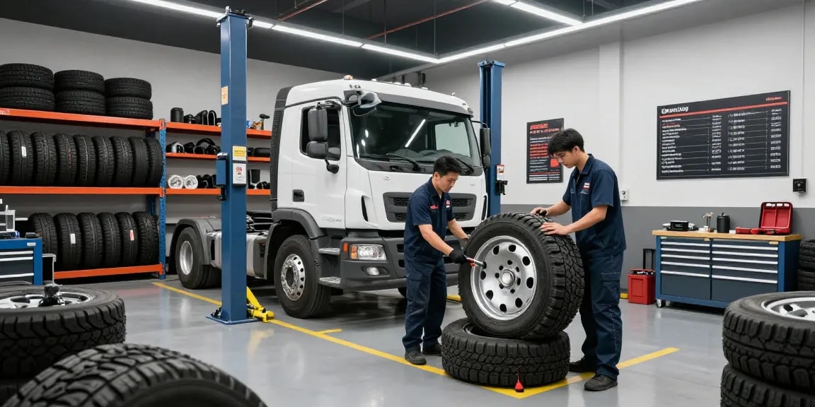 Mechanics servicing commercial trucks with Double Coin RR99 tires in a professional workshop setting.