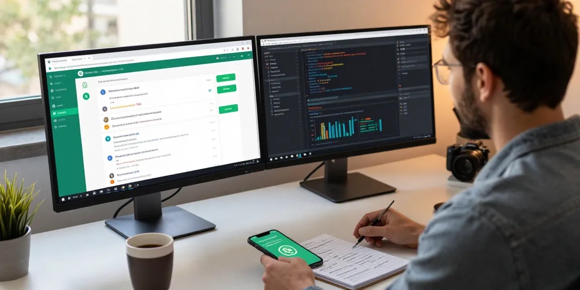 Professional workspace illustrating WhatsApp網頁版 with dual monitors displaying messaging and coding tools, enhancing productivity.