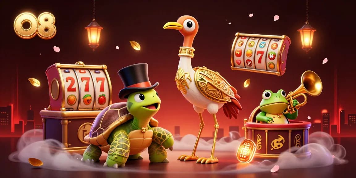 Experience the thrill of O8 with vibrant slot reels and dynamic characters in a lively gaming scene.