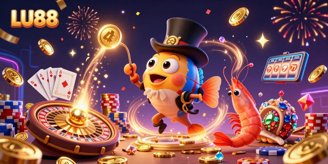 LU88 casino illustration featuring a glowing anglerfish attracting coins amid dynamic gaming elements.