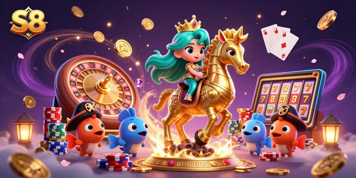 S8 engages players with a 3D mermaid casino adventure featuring colorful scenes of slots and roulette.