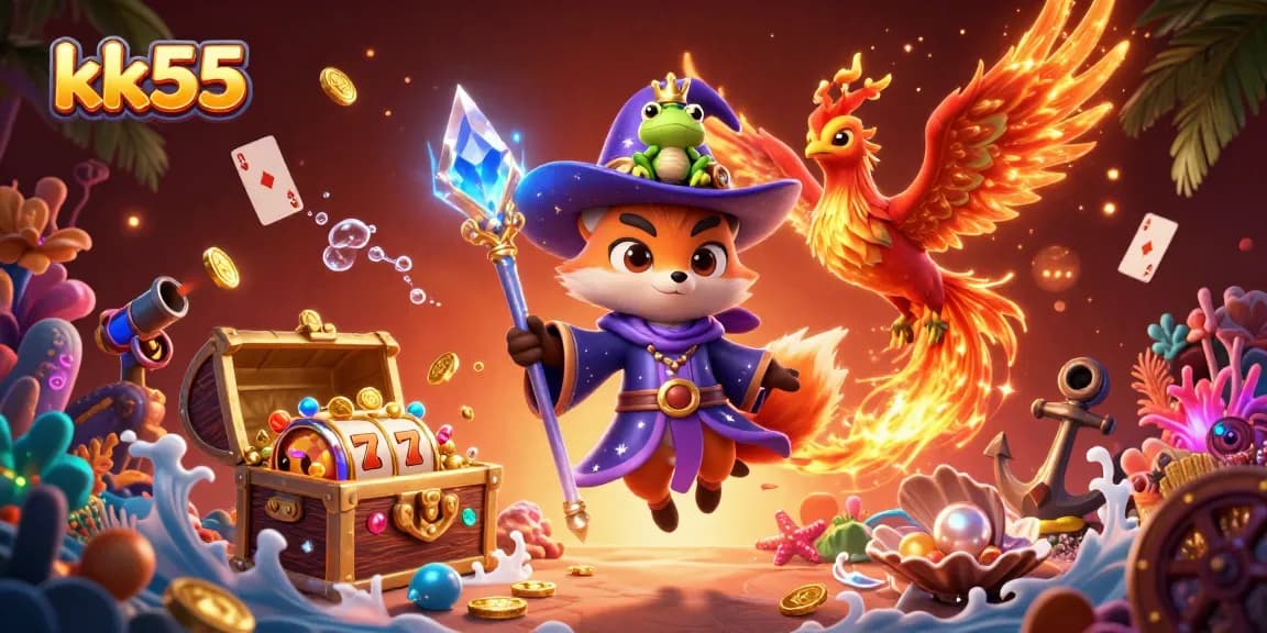 Win big at kk55 with an enchanting casino illustration featuring a wizard fox and fiery phoenix!
