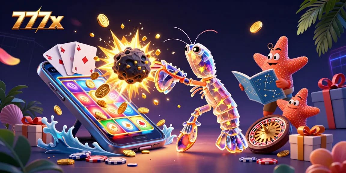Engage with 777x's vibrant casino adventure, showcasing colorful slot games and energetic characters.