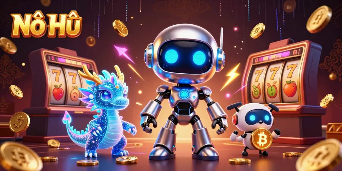 Nổ Hũ: Engaging scene of a cyberpunk robot and companions in a dynamic casino environment.