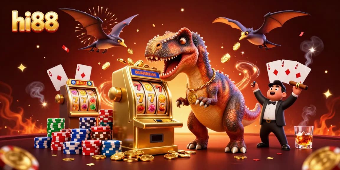 hi88 slot machine scene featuring a dinosaur celebrating jackpot wins with colorful casino elements.