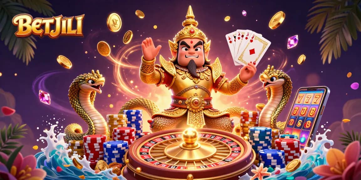 Experience thrilling online gaming with BETJILI's vibrant 3D casino illustration featuring dynamic elements and action.