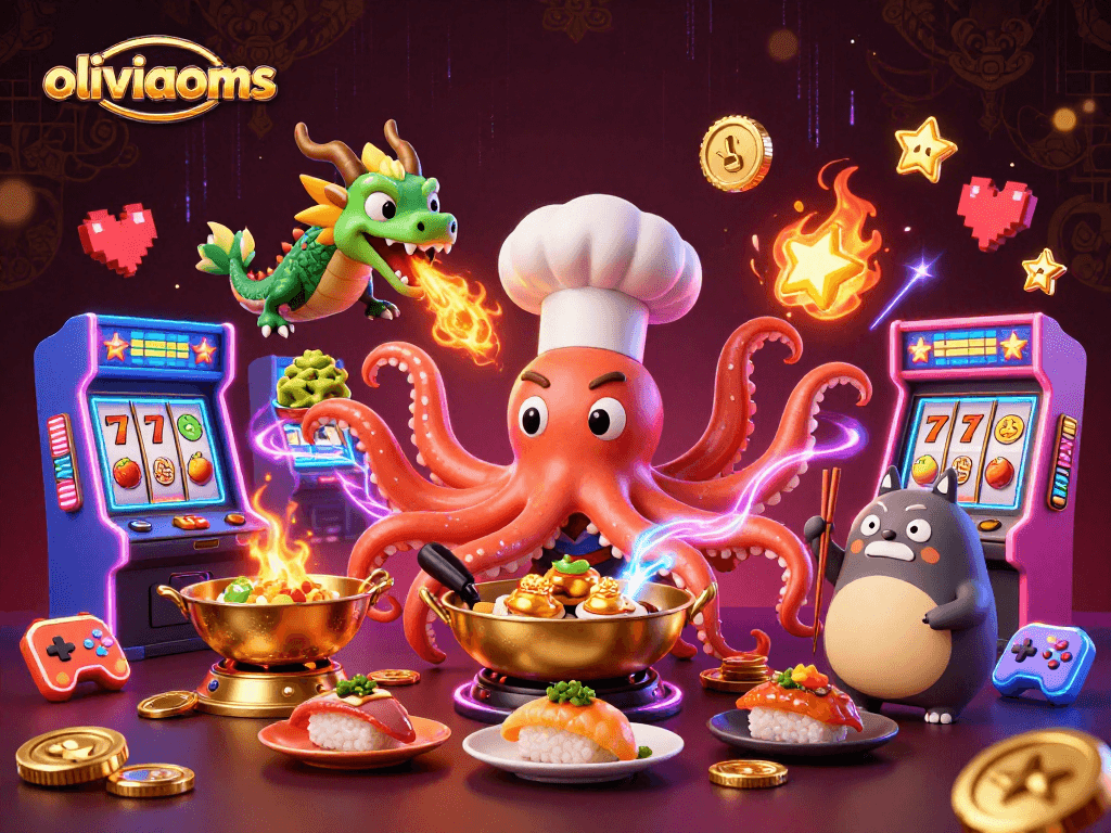 Engaging scene of oliviaooms with chef octopus, dragon, and tanuki amidst slots and arcade games.