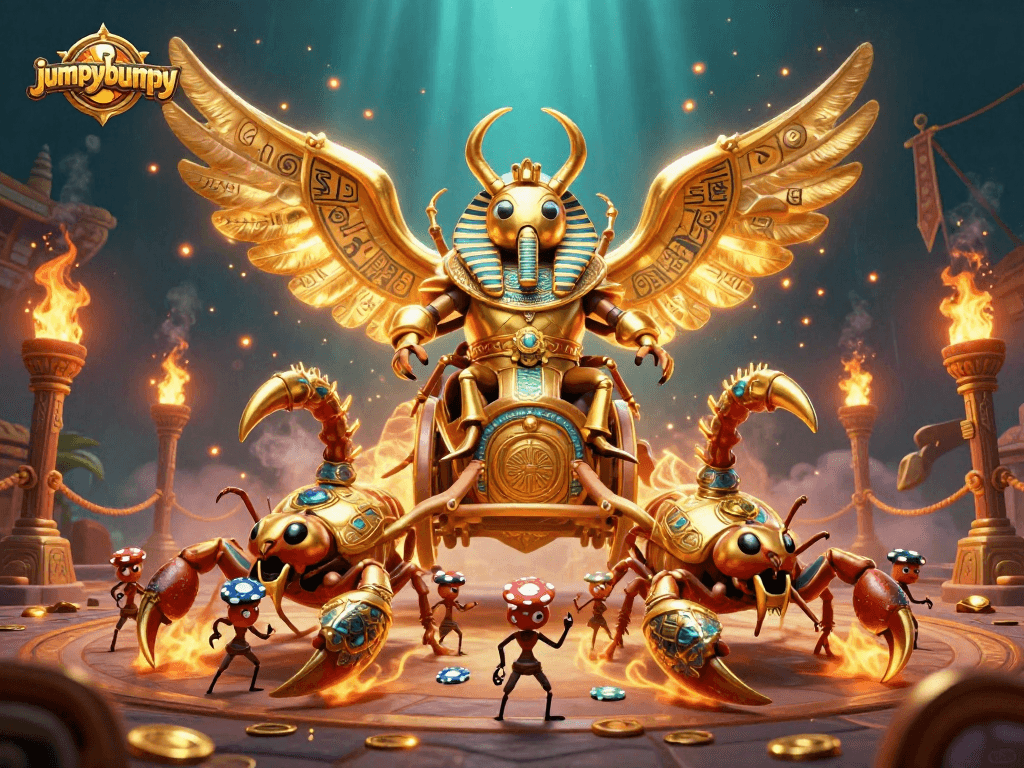 Experience jumpybumpy's thrilling atmosphere with golden scarabs and vibrant casino elements!