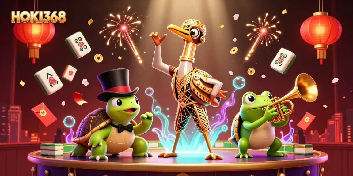 Experience excitement with HOKI368 as the characters engage in vibrant casino fun amidst floating game elements.